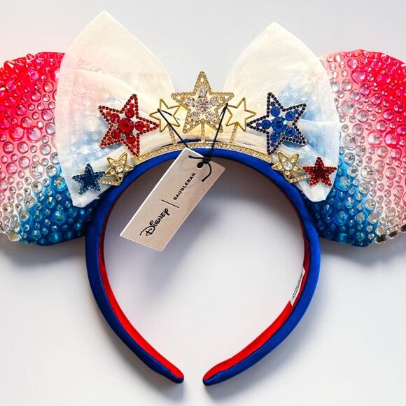 BaubleBar Disney Minnie Mouse Jeweled Americana Ears Headband Patriotic NWT